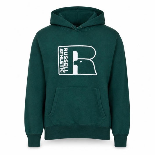 Front view of Russell Athletic Men's Green Pullover Hoodie L Sports Fleece