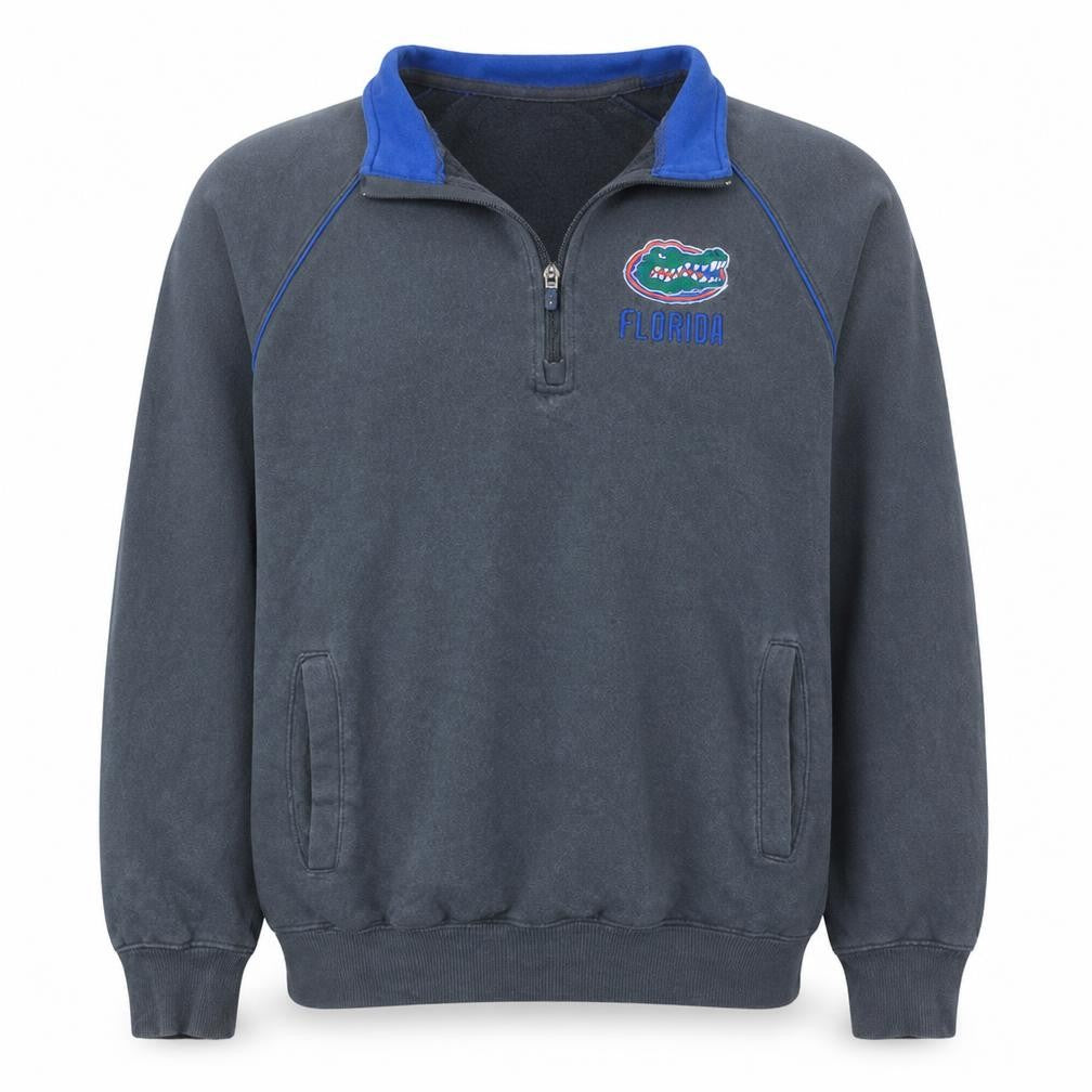 Front view of Colosseum men’s grey florida gators 1/4 zip pullover sweatshirt, size S
