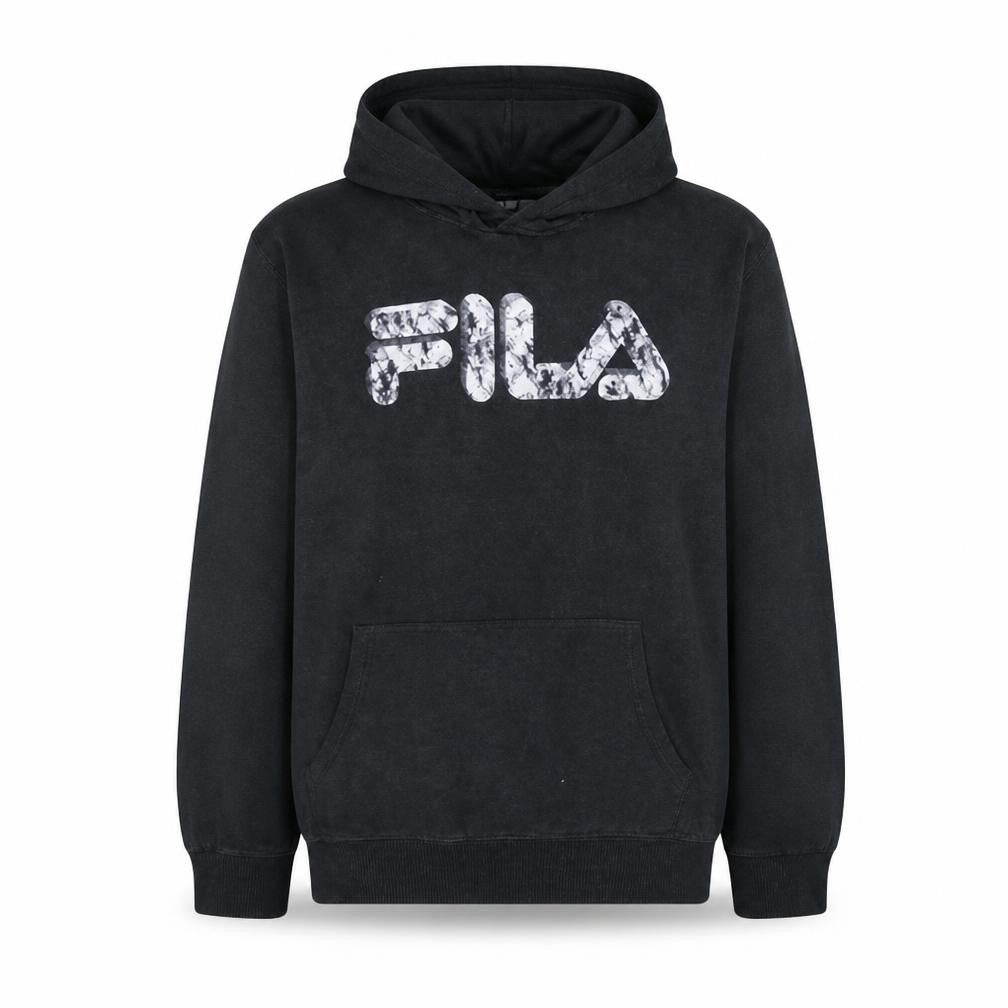 Front view of Fila Men's Black Pullover Hoodie M Fleece Graphic Logo Sweatshirt