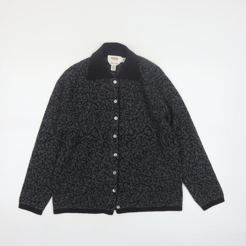 Talbots Petites Women Black Grey Cardigan Small 100% Merino Wool Made in Italy