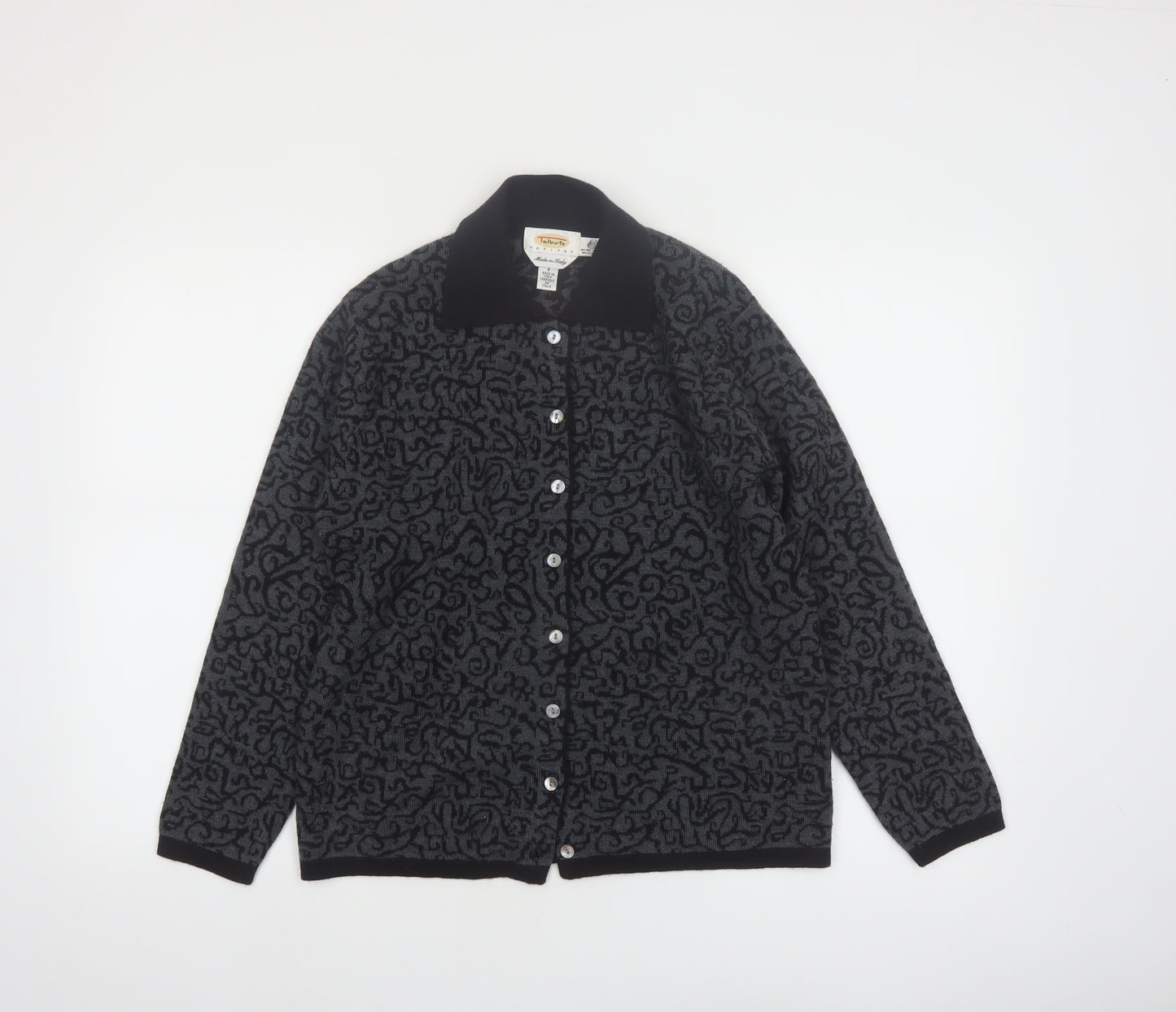 Talbots Petites Women Black Grey Cardigan Small 100% Merino Wool Made in Italy
