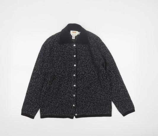 Talbots Petites Women Black Grey Cardigan Small 100% Merino Wool Made in Italy
