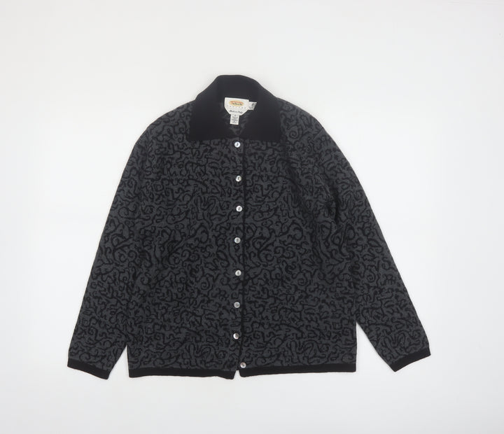 Talbots Petites Women Black Grey Cardigan Small 100% Merino Wool Made in Italy