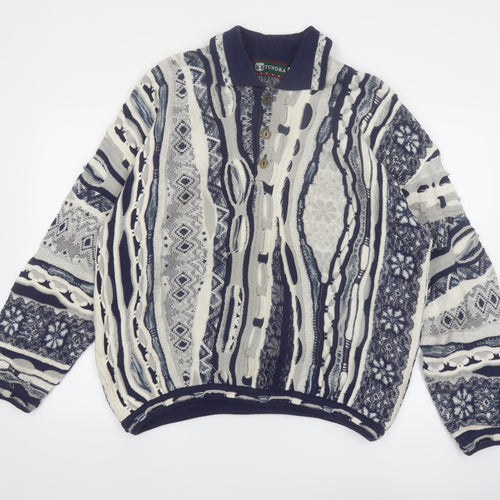 Tundra Men's Blue Geometric Collared Cotton Henley Jumper L