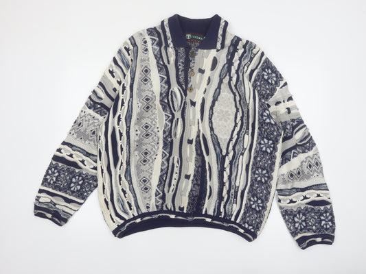 Tundra Men's Blue Geometric Collared Cotton Henley Jumper L