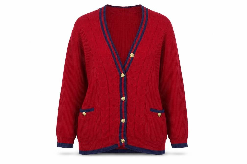 Front view of Chaus Sport Women's Red Cable-Knit Cardigan M V-Neck Button Front