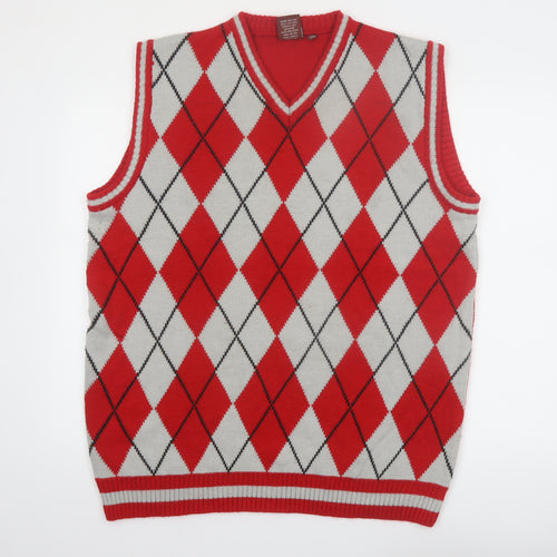 Victorious Men's Red Argyle Knit Sleeveless V-Neck Vest Size L