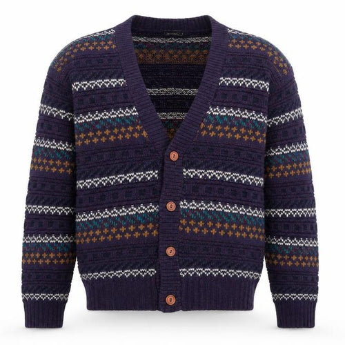 Van Cort Men's Blue Fair Isle Acrylic Cardigan Sweater S