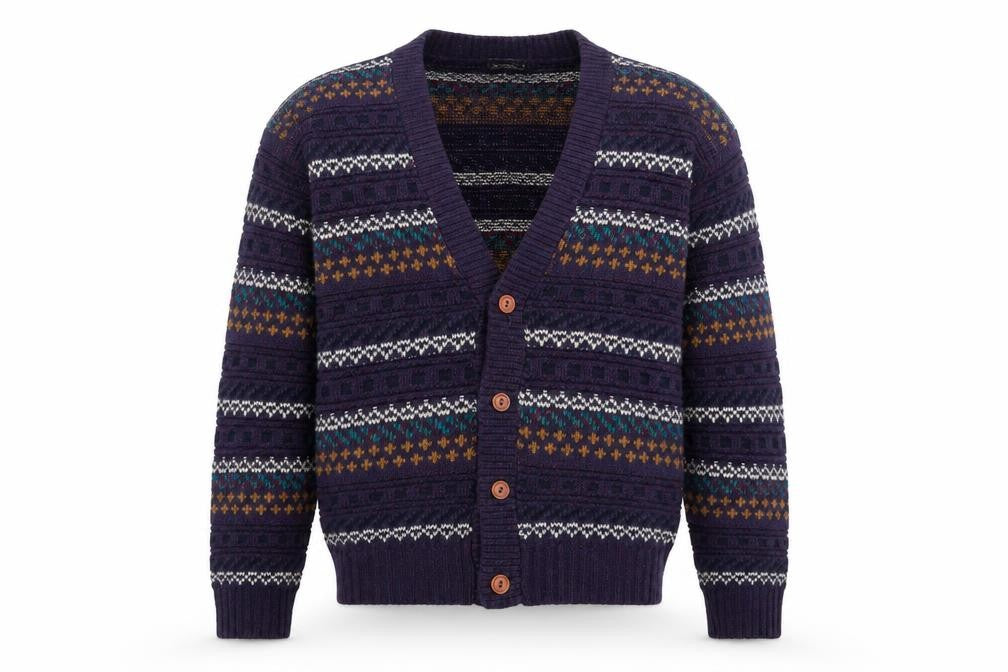 Van Cort Men's Blue Fair Isle Acrylic Cardigan Sweater S