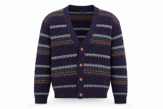Front view of Van Cort Men's Blue Fair Isle Acrylic Cardigan Sweater S