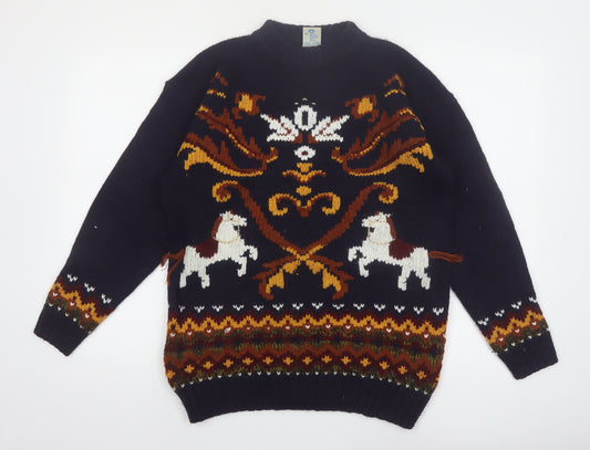 C&A Women’s Blue Acrylic Horse Fair Isle Pullover Jumper Size 10