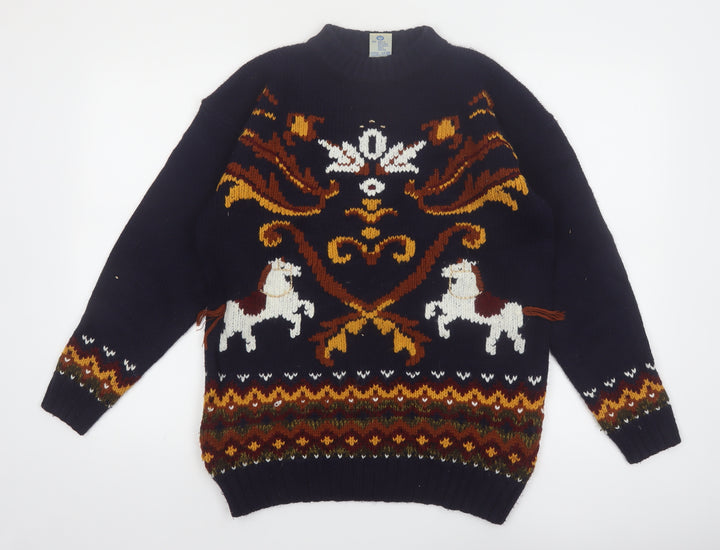 C&A Women’s Blue Acrylic Horse Fair Isle Pullover Jumper Size 10