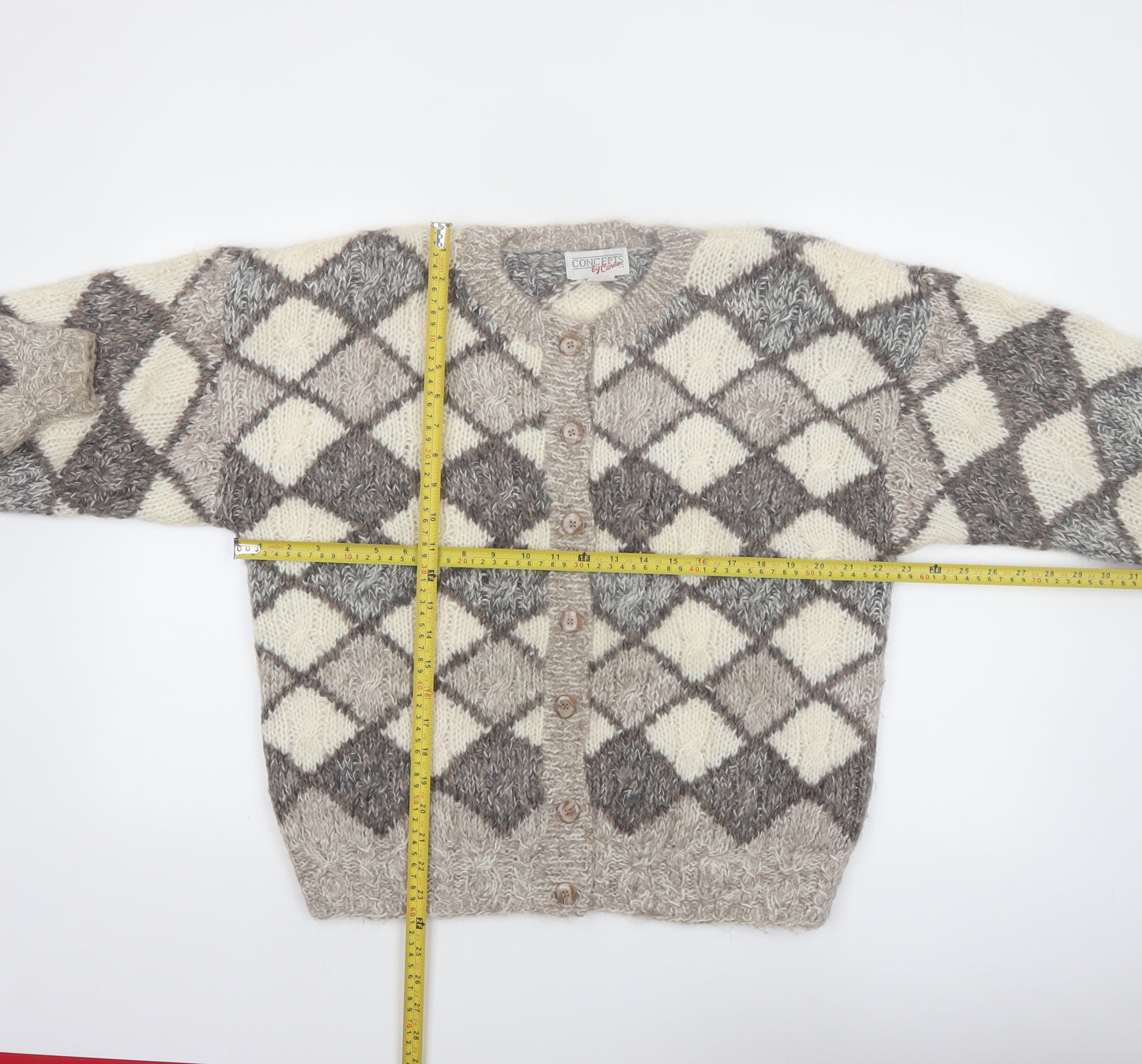 Concepts by Caren Women's Beige Argyle Knit Acrylic Cardigan Size S