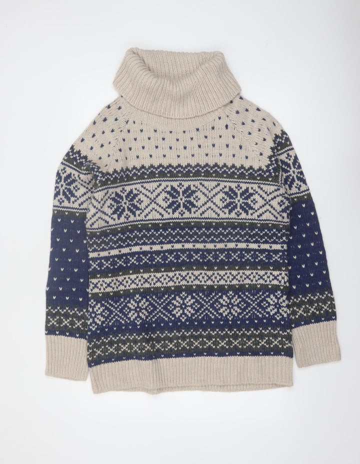 Guide Series Women Beige Blue Fair Isle Roll Neck Wool Blend Jumper XL