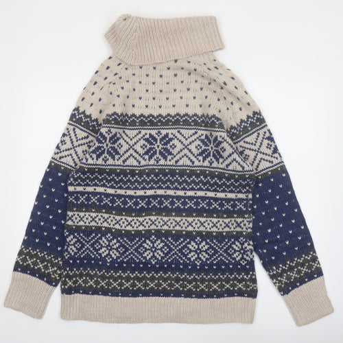 Guide Series Women Beige Blue Fair Isle Roll Neck Wool Blend Jumper XL