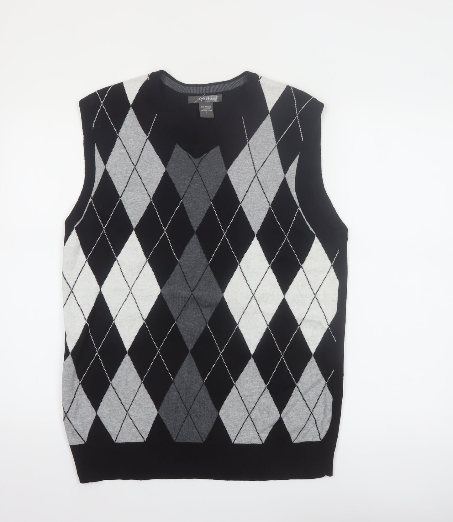 Method Men's Black Argyle V-Neck Sleeveless Vest Jumper L Cotton Blend