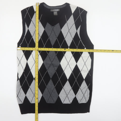 Method Men's Black Argyle V-Neck Sleeveless Vest Jumper L Cotton Blend