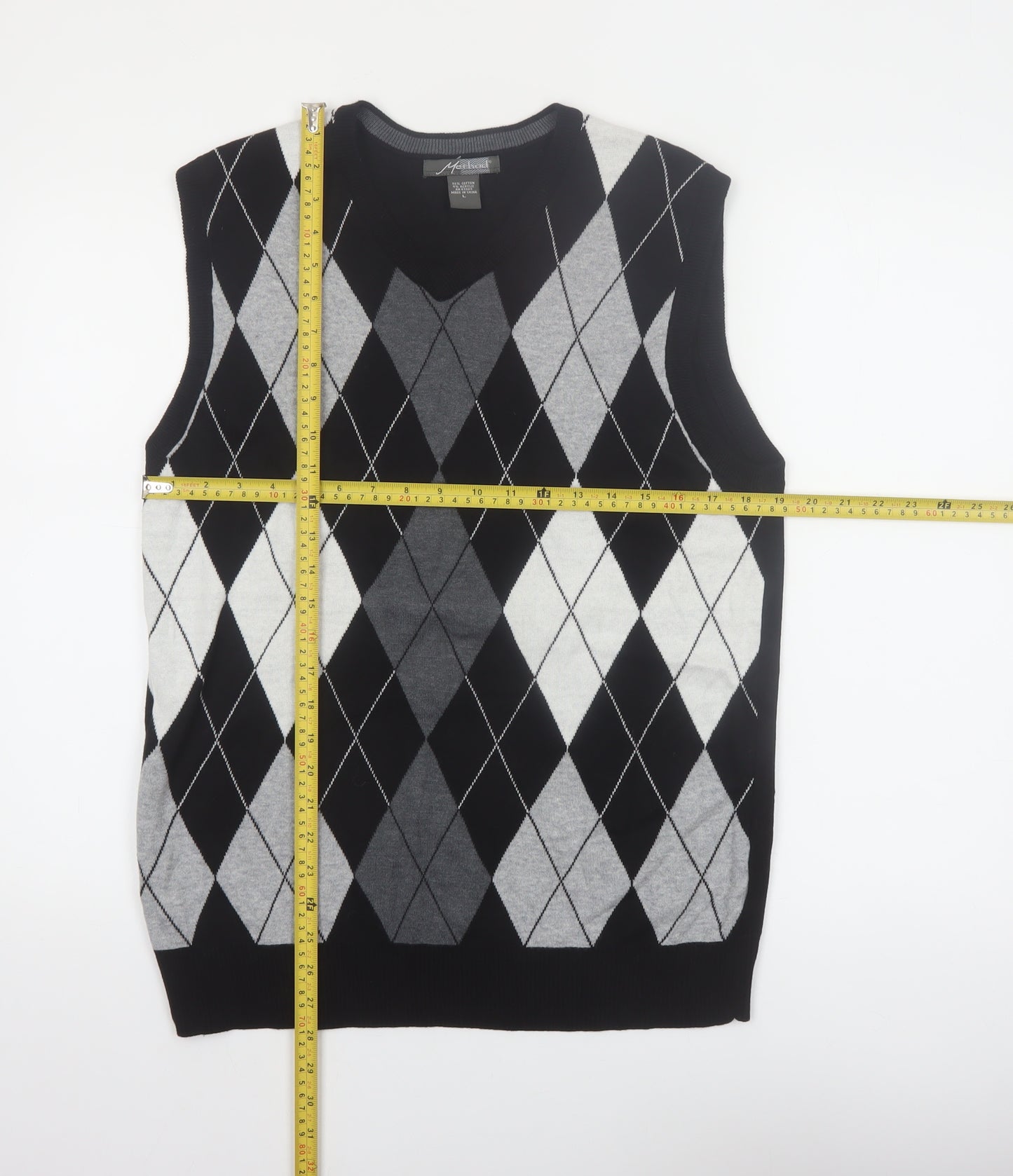 Method Men's Black Argyle V-Neck Sleeveless Vest Jumper L Cotton Blend