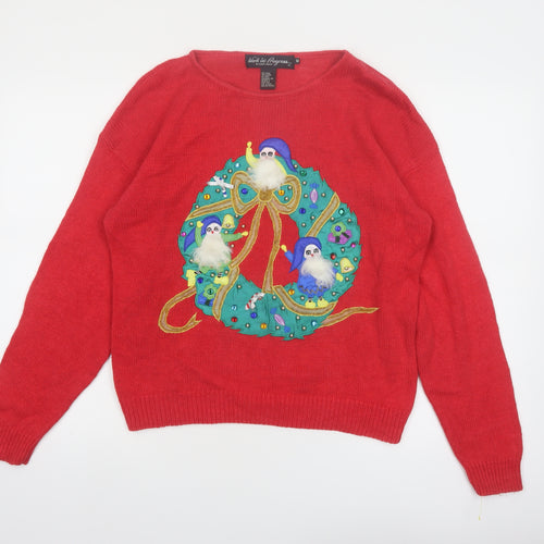 Work in Progress Women Red Christmas Pullover Jumper M Embroidered Wreath