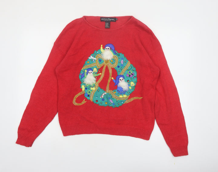 Work in Progress Women Red Christmas Pullover Jumper M Embroidered Wreath