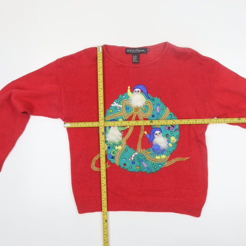 Work in Progress Women Red Christmas Pullover Jumper M Embroidered Wreath