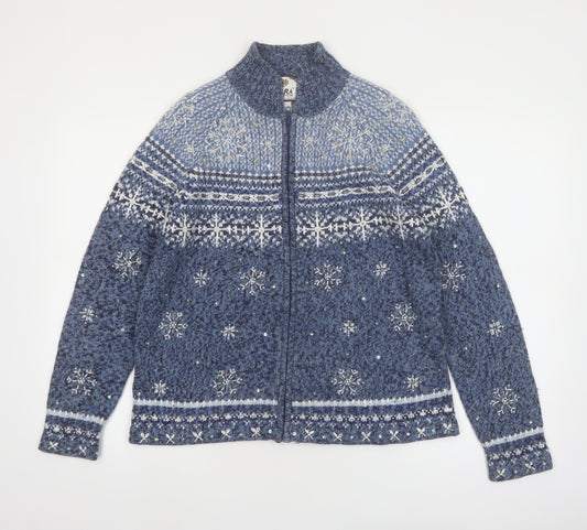 Tiara International Women Blue Fair Isle Full Zip Jumper S Winter Knit