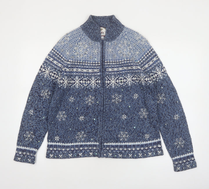 Tiara International Women Blue Fair Isle Full Zip Jumper S Winter Knit