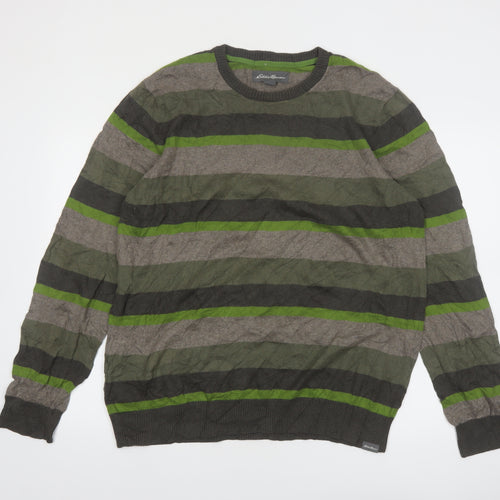 Eddie Bauer Men's Green Striped Crew Neck Cotton Wool Jumper L