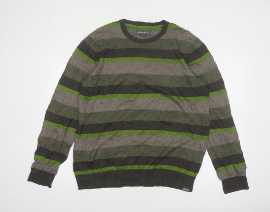 Eddie Bauer Men's Green Striped Crew Neck Cotton Wool Jumper L