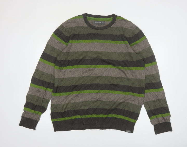 Eddie Bauer Men's Green Striped Crew Neck Cotton Wool Jumper L