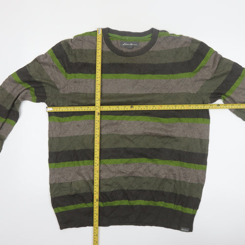Eddie Bauer Men's Green Striped Crew Neck Cotton Wool Jumper L