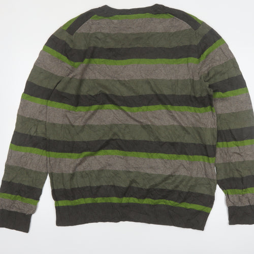 Eddie Bauer Men's Green Striped Crew Neck Cotton Wool Jumper L