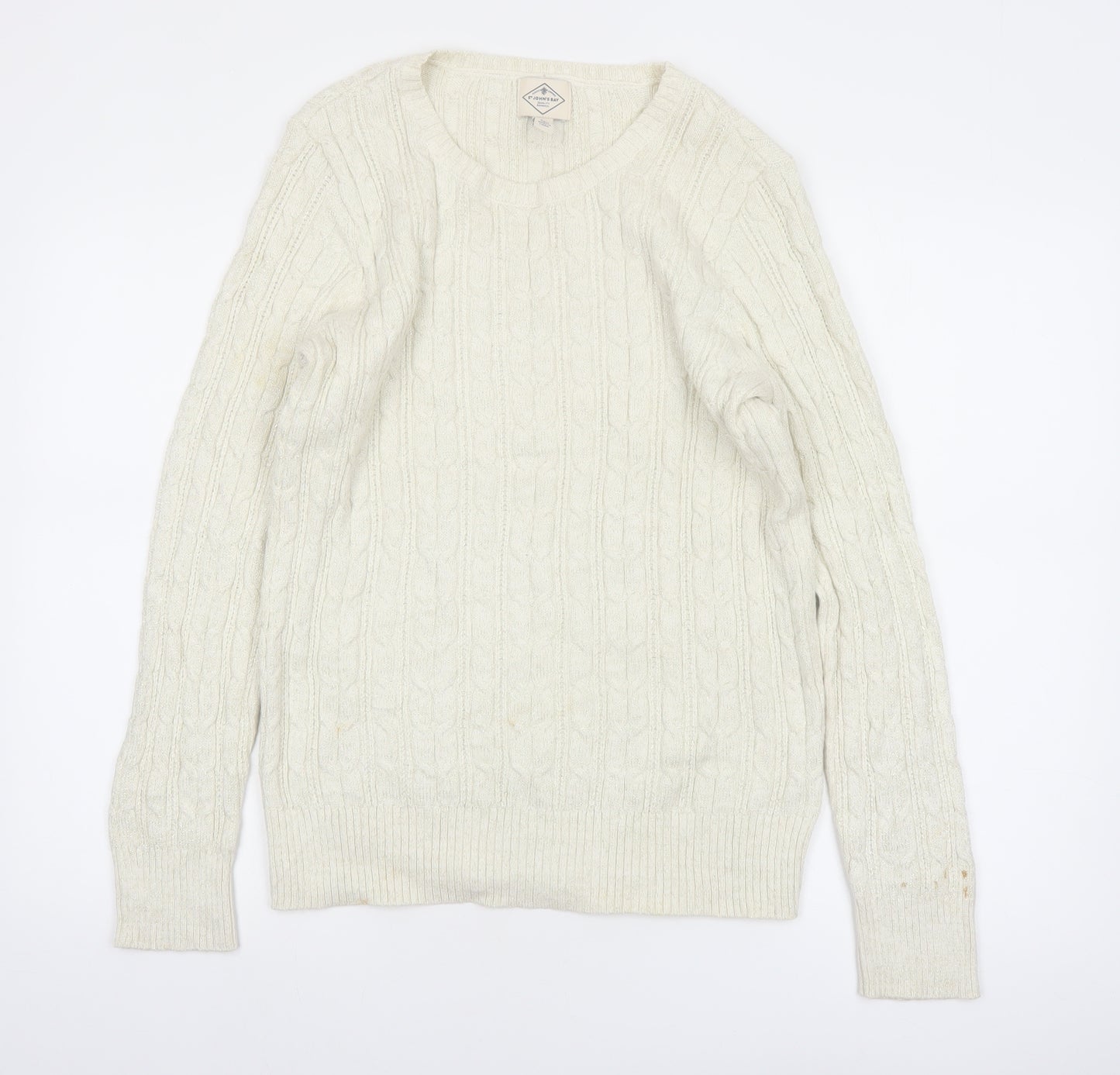St John's Bay Women Ivory Cable-Knit Cotton Blend Jumper Size L
