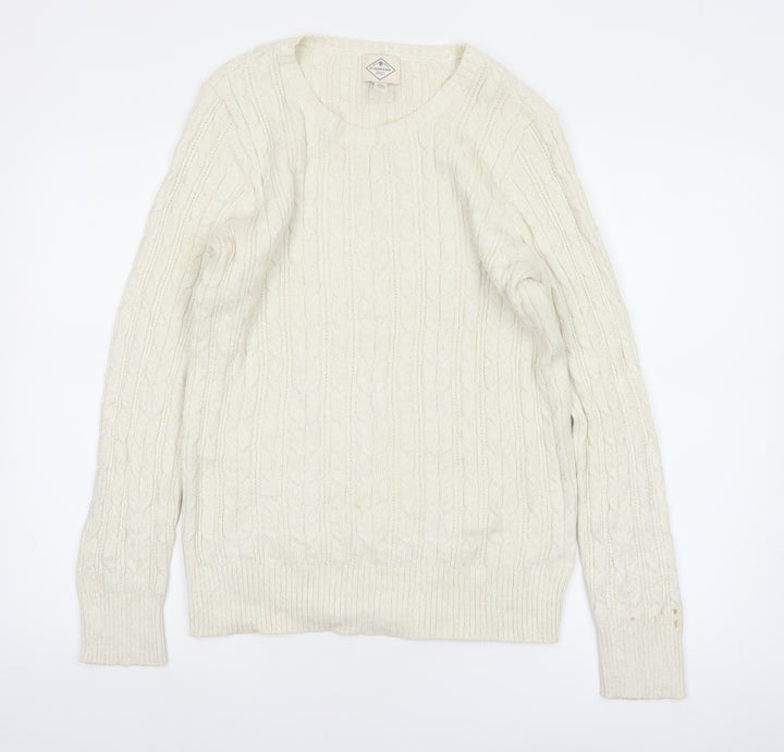 St John's Bay Women Ivory Cable-Knit Cotton Blend Jumper Size L