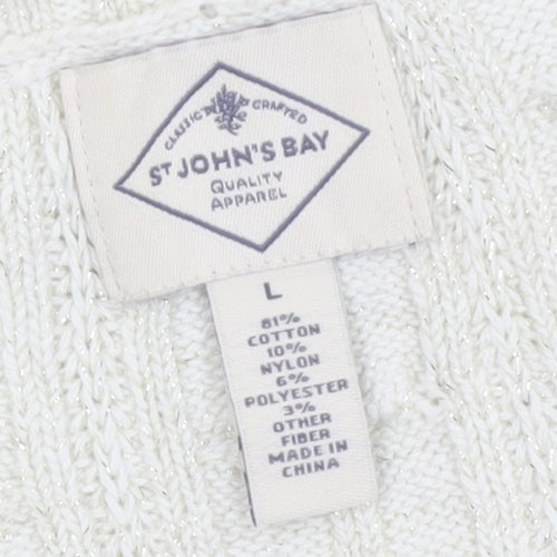 St John's Bay Women Ivory Cable-Knit Cotton Blend Jumper Size L