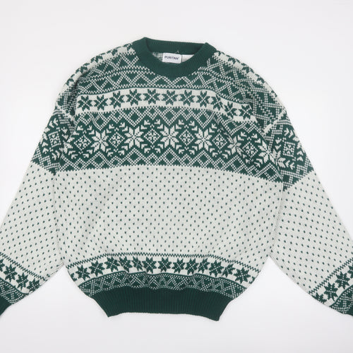 Puritan Men's Green Fair Isle Knit Jumper XL Winter Pullover