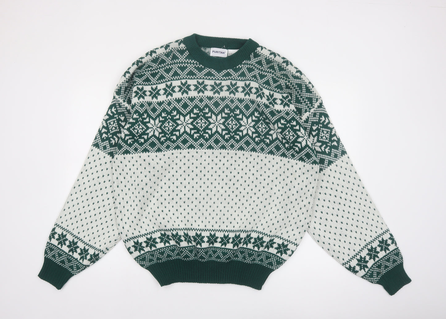 Puritan Men's Green Fair Isle Knit Jumper XL Winter Pullover