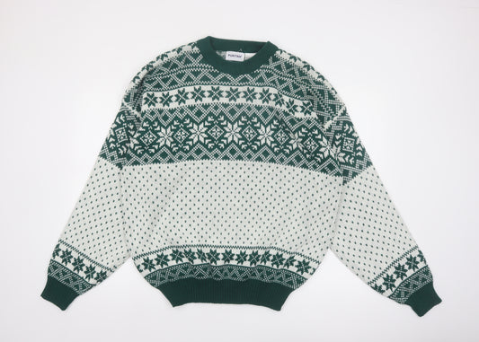 Puritan Men's Green Fair Isle Knit Jumper XL Winter Pullover