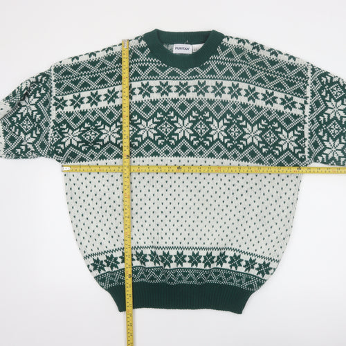 Puritan Men's Green Fair Isle Knit Jumper XL Winter Pullover