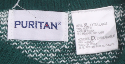 Puritan Men's Green Fair Isle Knit Jumper XL Winter Pullover