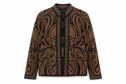 Front view of Alicia Wong Women's Brown Beaded Knit Open Cardigan, size S