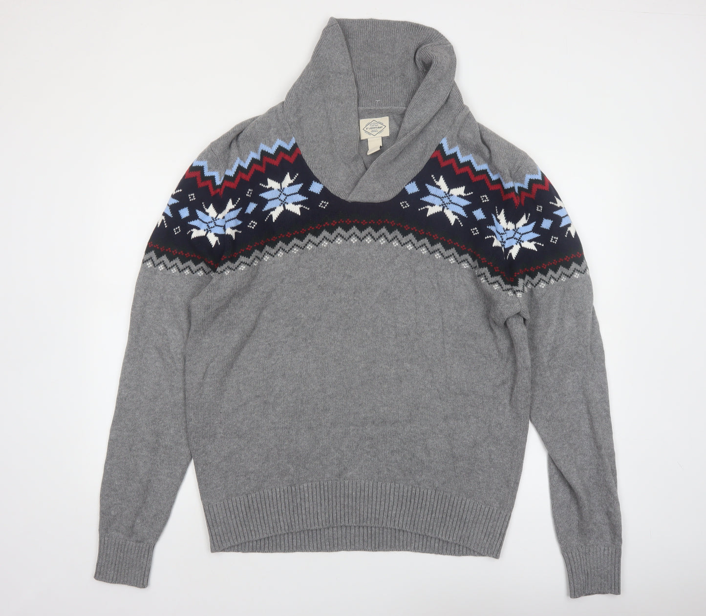St John's Bay Men's Grey Fair Isle Roll Neck Cotton Pullover Jumper L