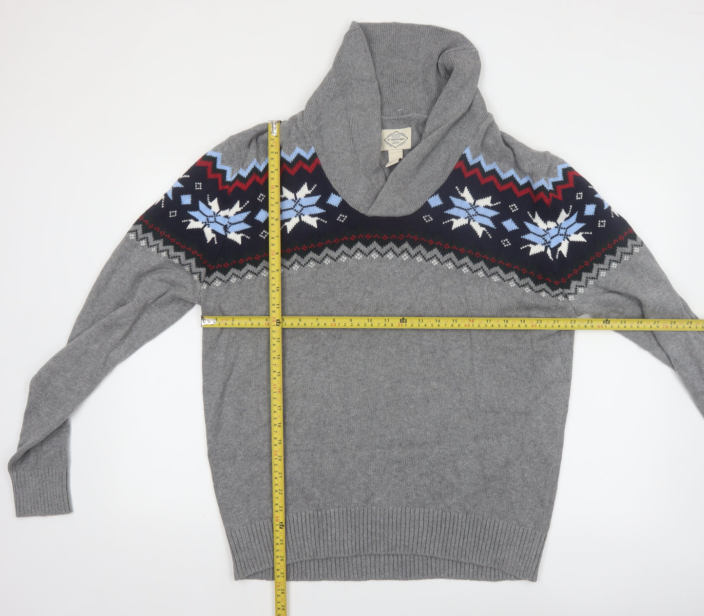 St John's Bay Men's Grey Fair Isle Roll Neck Cotton Pullover Jumper L