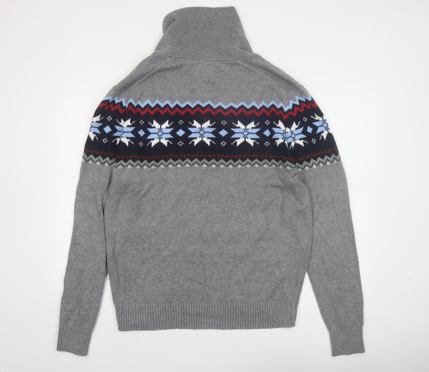 St John's Bay Men's Grey Fair Isle Roll Neck Cotton Pullover Jumper L