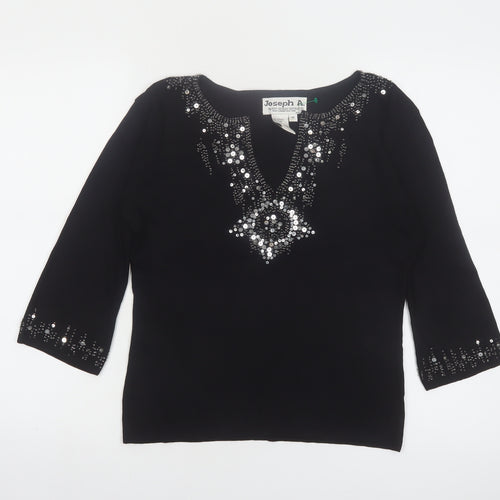 Joseph A Women's Black Beaded Sequin V-Neck 3/4 Sleeve Pullover Jumper M
