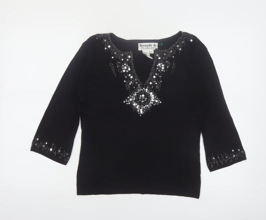 Joseph A Women's Black Beaded Sequin V-Neck 3/4 Sleeve Pullover Jumper M