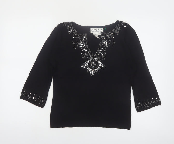 Joseph A Women's Black Beaded Sequin V-Neck 3/4 Sleeve Pullover Jumper M