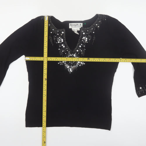 Joseph A Women's Black Beaded Sequin V-Neck 3/4 Sleeve Pullover Jumper M