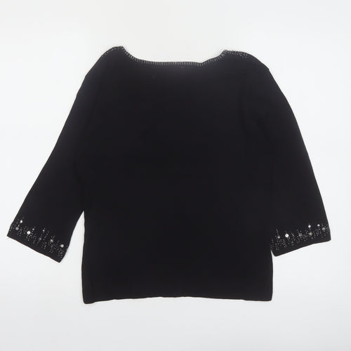 Joseph A Women's Black Beaded Sequin V-Neck 3/4 Sleeve Pullover Jumper M