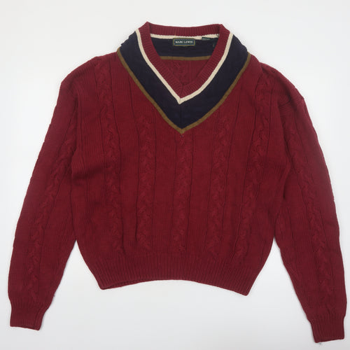 Marc Lewis Men's Red Cotton Cable-Knit V-Neck Jumper Size L